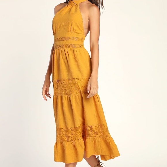 Lulus Mustard Halter Lace Dress - Picture 3 of 6